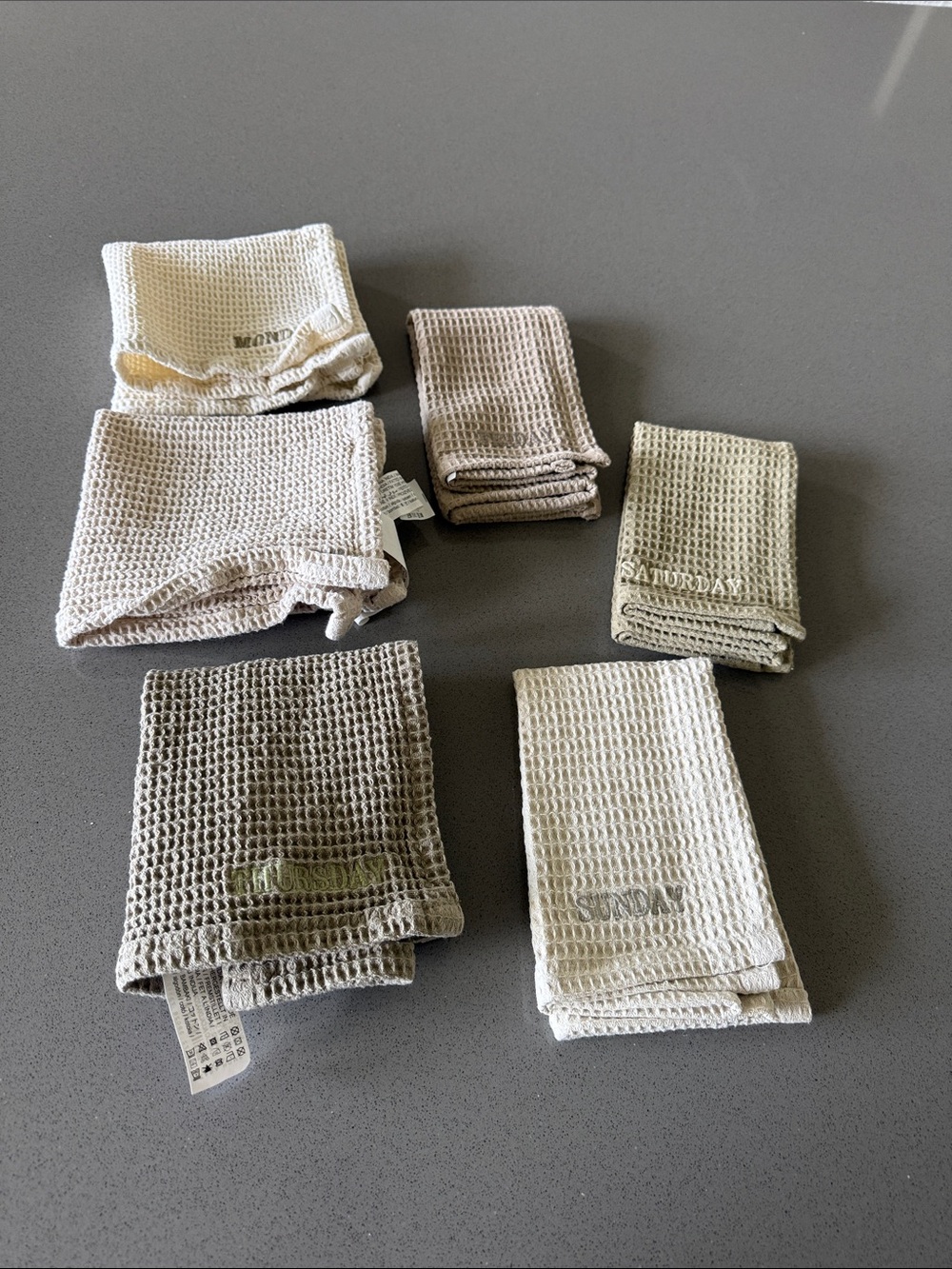 Waffle Knit Day-of-Week Hand Towels - Neutral Set